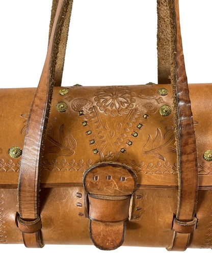 VINTAGE 70s TAN BROWN FLORAL STAMPED LEATHER METALWORK BOHO FOLK BOWLING BAG