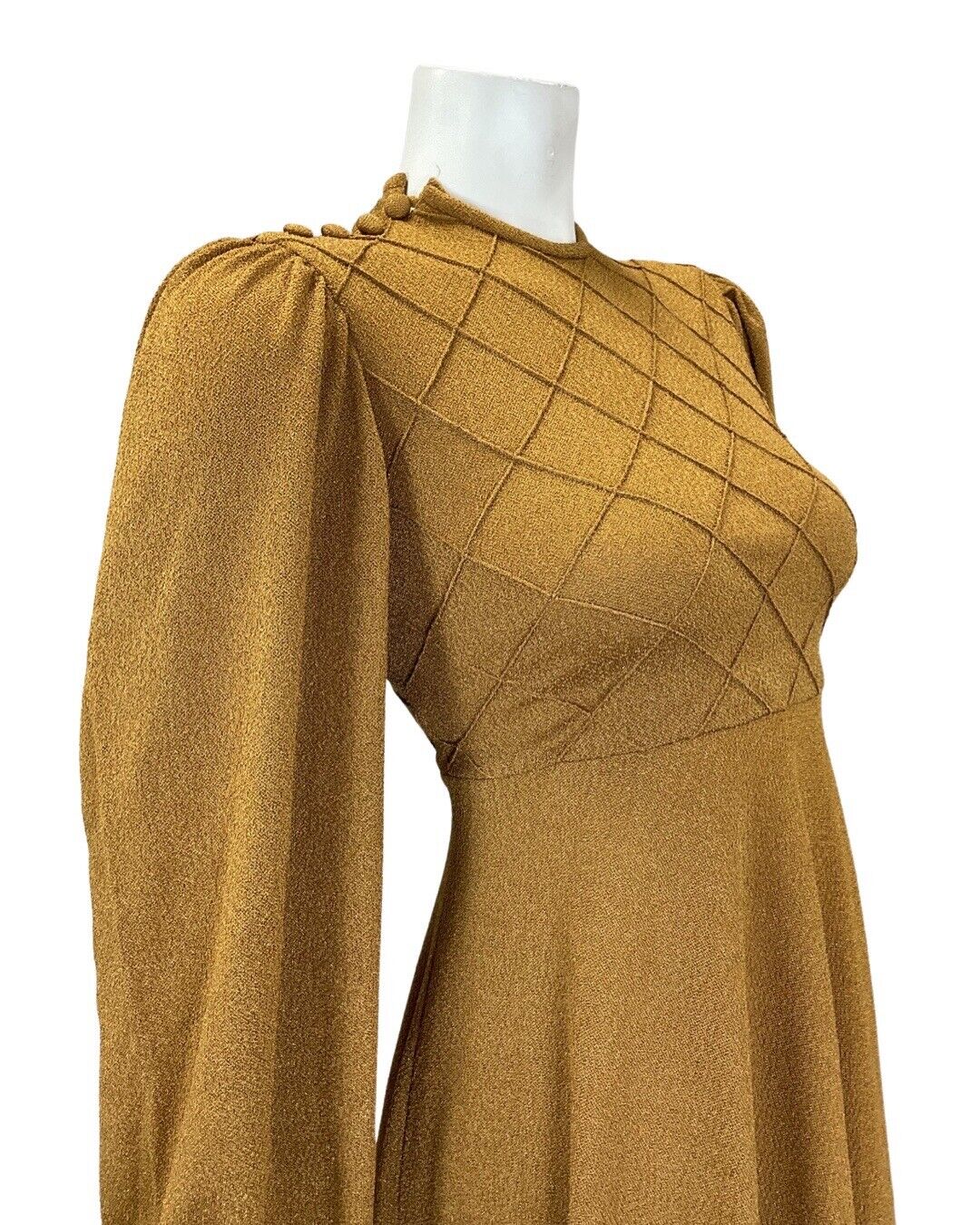 VTG 60s 70s OCHRE TAN BROWN DIAMOND BOHO MOD LONG SLEEVE SWING DRESS 8