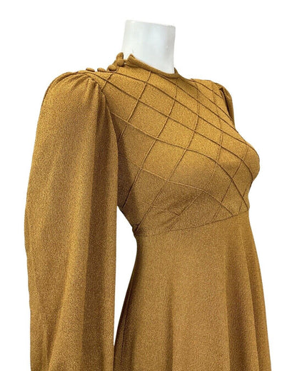 VTG 60s 70s OCHRE TAN BROWN DIAMOND BOHO MOD LONG SLEEVE SWING DRESS 8