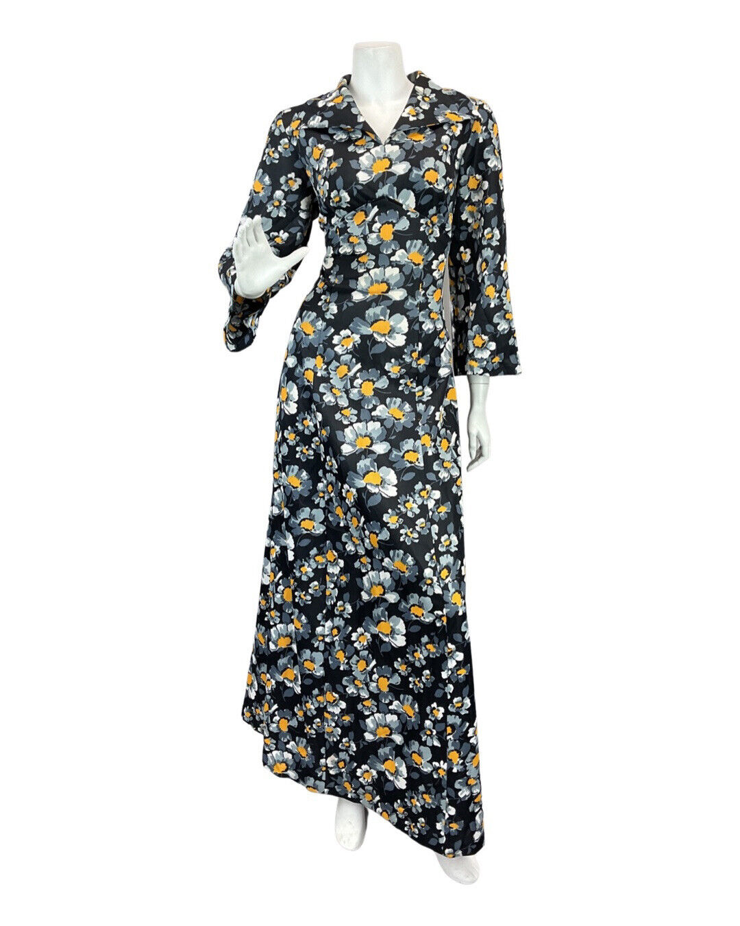 VINTAGE 60s 70s BLACK GREY YELLOW FLORAL PSYCHEDELIC MOD SHIRT MAXI DRESS 12