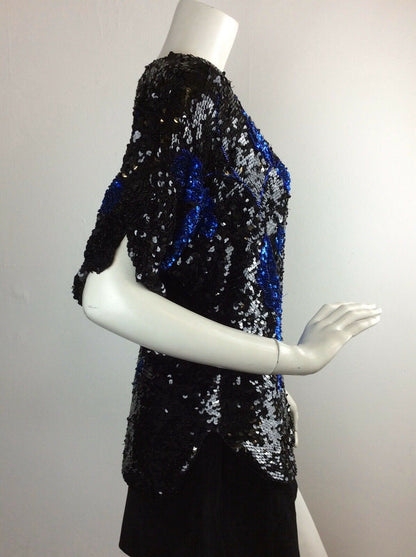 VINTAGE 70’S TOP, BLACK, BLUE SEQUINS, FLOWER PATTERN, PARTY / EVENING, 14 16