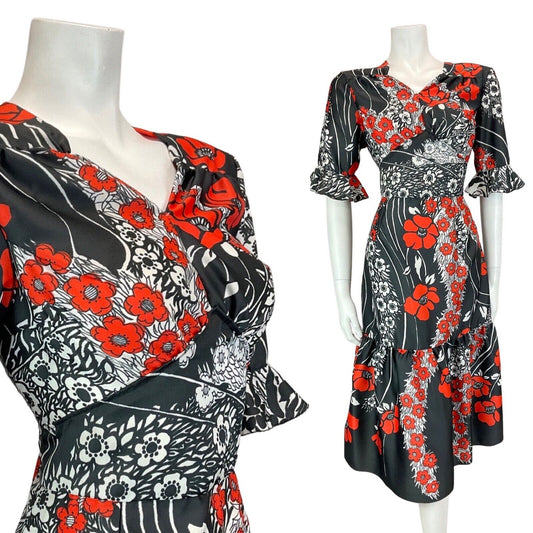 VINTAGE 60s 70s BLACK WHITE RED PSYCHEDELIC FLORAL RUFFLED SWING DRESS 10