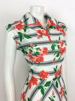 VINTAGE 70s FLORAL STRIPED SUMMER DRESS WHITE RED GREEN 12 14