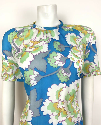 VINTAGE 60s 70s BLUE GREEN WHITE YELLOW FLORAL PSYCH TENT SHIFT DRESS 14 16