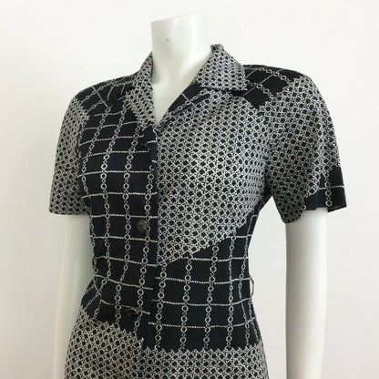 70S VINTAGE BLACK WHITE CHAIN LINK CHECK PATTERN MIDI DRESS 12