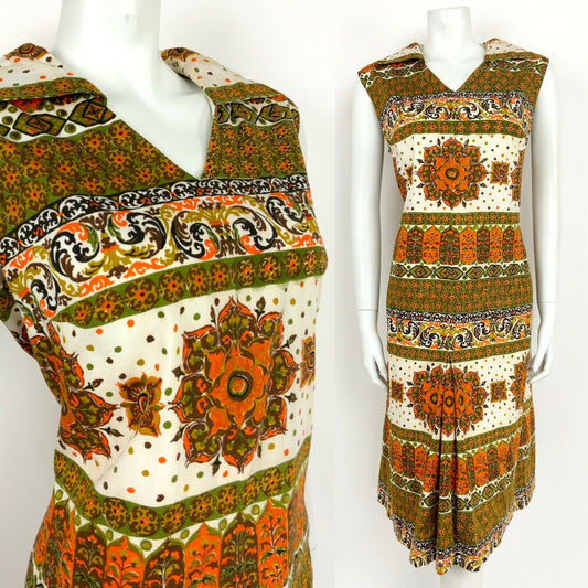 VTG 60s 70s GREEN ORANGE BROWN WHITE FLORAL ORNATE MANDALA SUMMER DRESS 14 16