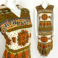 VTG 60s 70s GREEN ORANGE BROWN WHITE FLORAL ORNATE MANDALA SUMMER DRESS 14 16