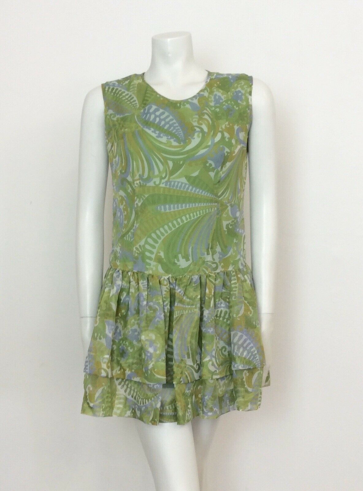 VINTAGE 60S GREEN BLUE PAISLEY DROP WAIST DRESS 12