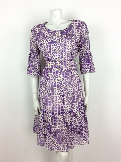 60S 70S VTG WHITE PURPLE GEOMETRIC FLOWER BELL SLEEVE BELT DRESS 12 14