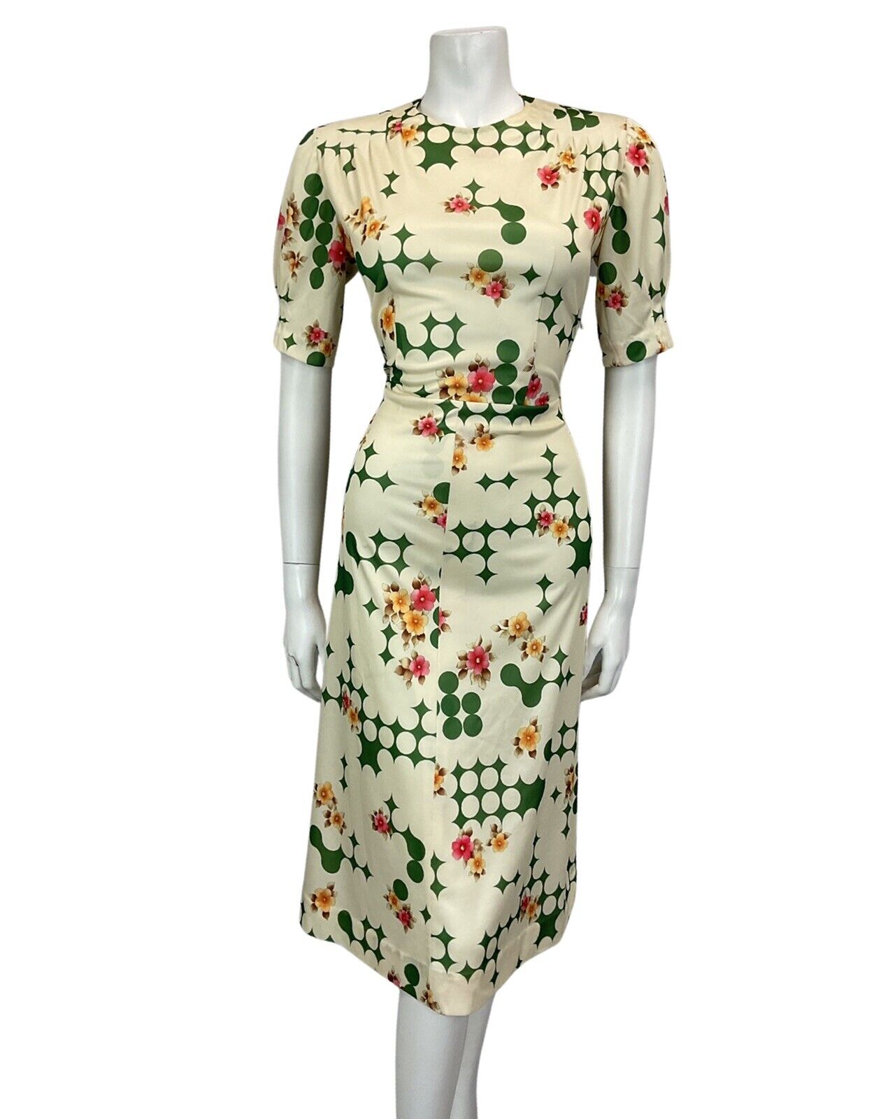 VTG 60s 70s CREAM GREEN PINK FLORAL PSYCHEDELIC MOD MIDI DRESS 12