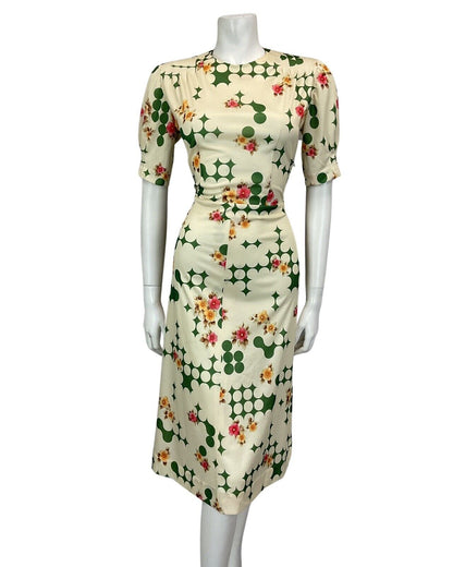 VTG 60s 70s CREAM GREEN PINK FLORAL PSYCHEDELIC MOD MIDI DRESS 12