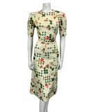 VTG 60s 70s CREAM GREEN PINK FLORAL PSYCHEDELIC MOD MIDI DRESS 12