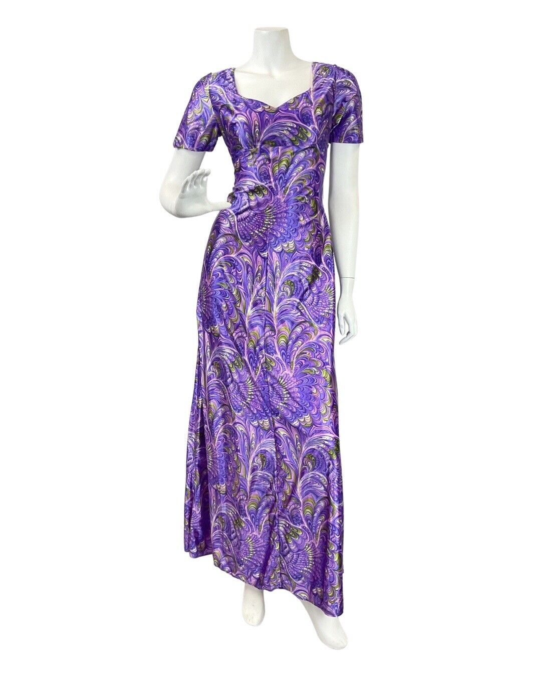 VINTAGE 70s PURPLE PINK BLUE PSYCHEDELIC FEATHER NOUVEAU EMPIRE MAXI DRESS 10