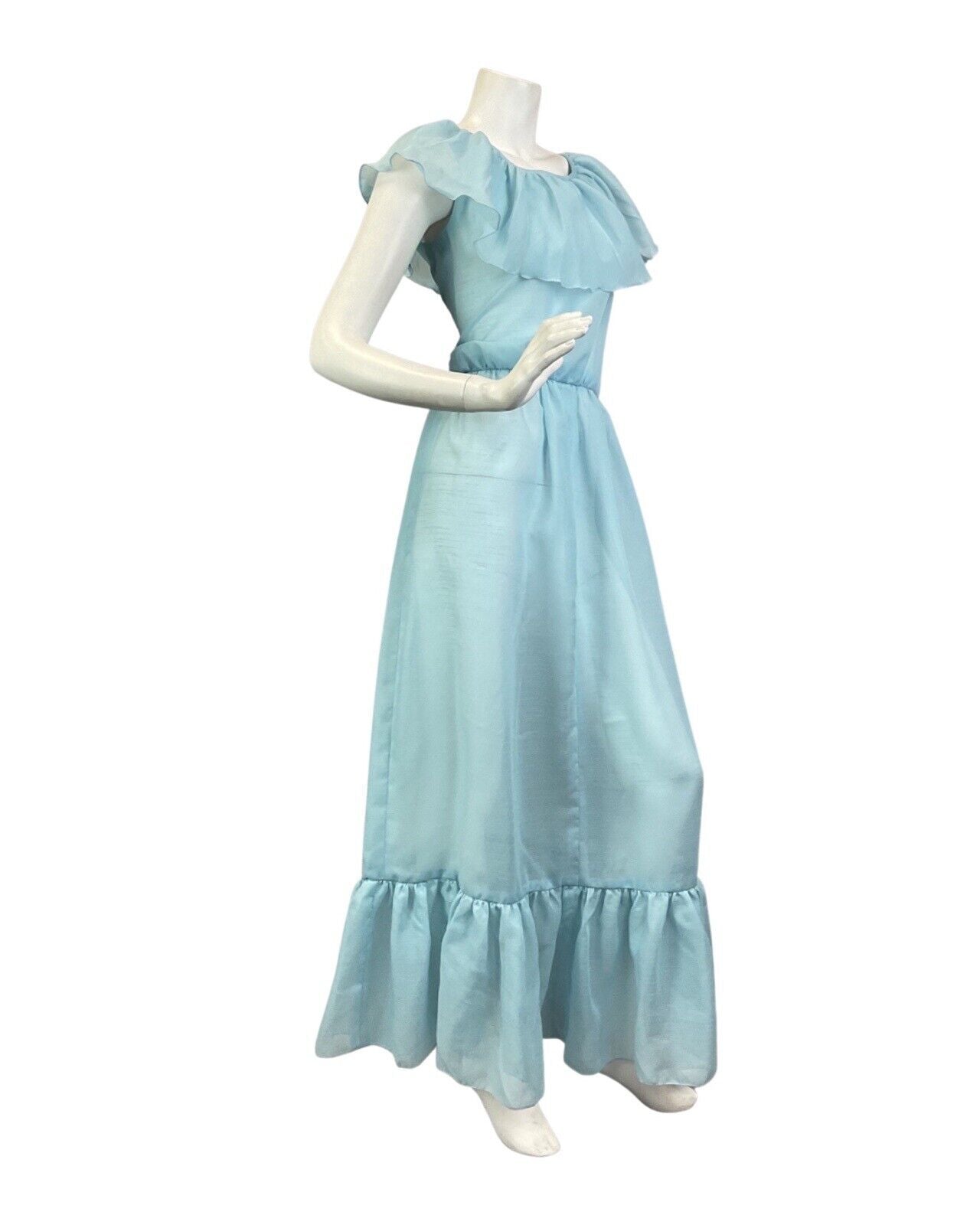 VINTAGE 70s POWDER BLUE SHEER RUFFLED BOHO PRAIRIE SUMMER MAXI DRESS 8