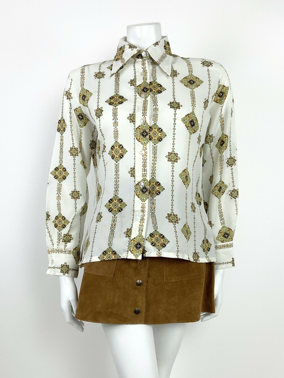 VTG 60s 70s WHITE BROWN BLACK OLIVE AZTEC GEOMETRIC DAGGER COLLAR SHIRT 12 14