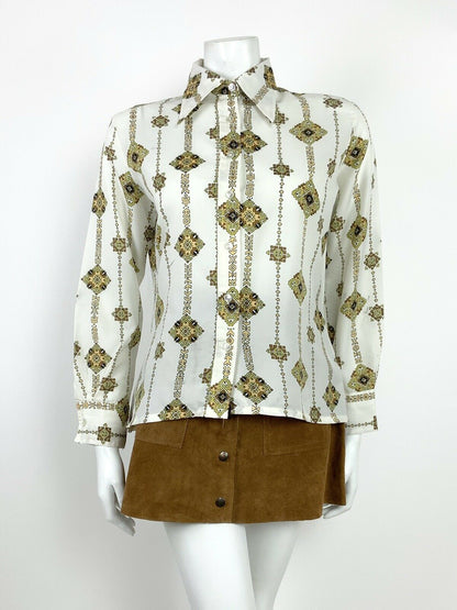 VTG 60s 70s WHITE BROWN BLACK OLIVE AZTEC GEOMETRIC DAGGER COLLAR SHIRT 12 14