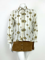 VTG 60s 70s WHITE BROWN BLACK OLIVE AZTEC GEOMETRIC DAGGER COLLAR SHIRT 12 14