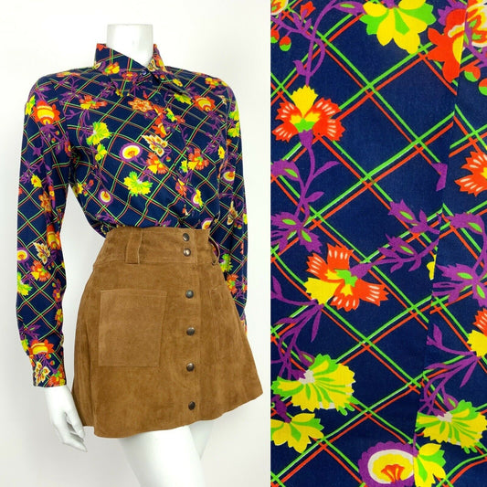 VINTAGE 60s 70s BLUE ORANGE GREEN PURPLE GRID FLORAL PSYCHEDELIC SHIRT 12 14