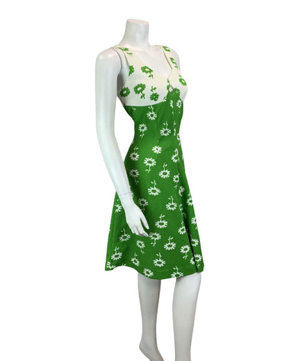 VINTAGE 60s 70s WHITE GREEN FLORAL PRINT MINI WITH CUT OUT DETAIL DRESS 12