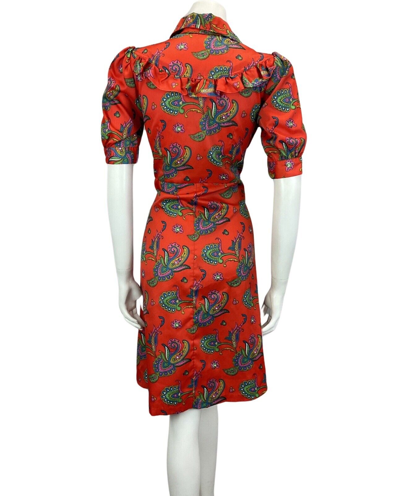 VTG 60s 70s RED BLUE PINK PAISLEY PRINT RUFFLED DAGGAR COLLAR MIDI DRESS 10 12