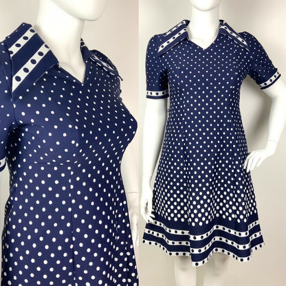 VINTAGE 60s 70s NAVY BLUE WHITE POLKA DOT DAGGER WING COLLAR FLARED DRESS 16