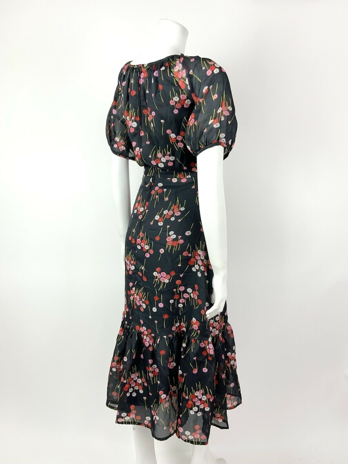 VINTAGE 60s 70s BLACK PINK RED FLORAL GERBERA PUFF SLEEVE SHEER MIDI DRESS 14 16