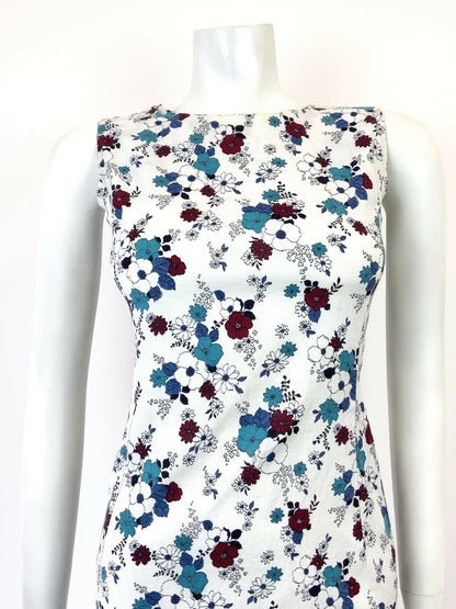 VINTAGE 60s 70s WHITE WINE RED BLUE FLORAL BOHO MOD SLEEVELESS MINI DRESS 8