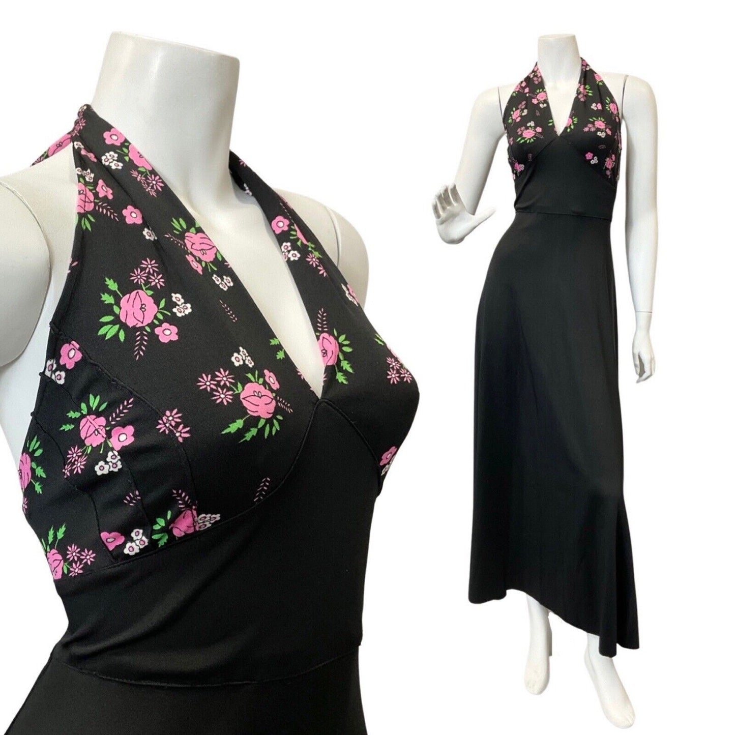 VINTAGE 60s 70s BLACK PINK GREEN FLOWER DAISY ROSE MOD HALTER MAXI DRESS 10