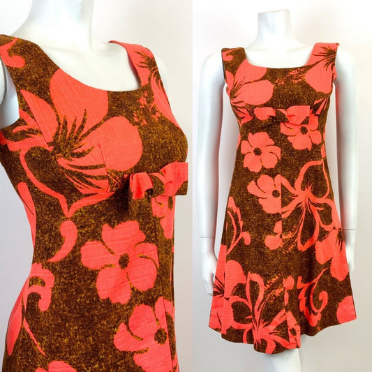 VINTAGE 60s 70s BROWN ORANGE FLORAL HAWAIIAN EMPIRE MOD SLEEVELESS DRESS 6 8