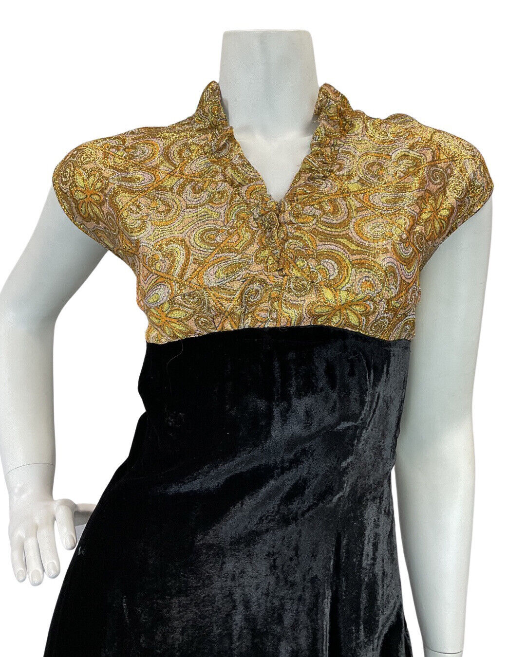 VINTAGE 60s 70s BLACK GOLD PSYCHEDELIC FLORAL VELVET MOD EMPIRE MAXI DRESS 12 14