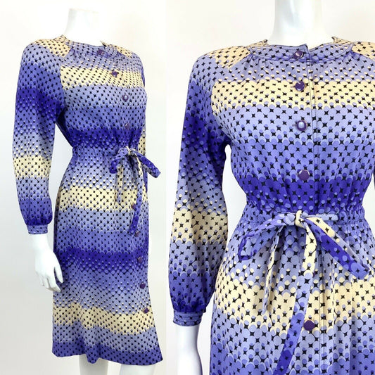 VINTAGE 60s 70s PURPLE CREAM BLACK OMBRE DOTTY GEOMETRIC MIDI DRESS 12 14