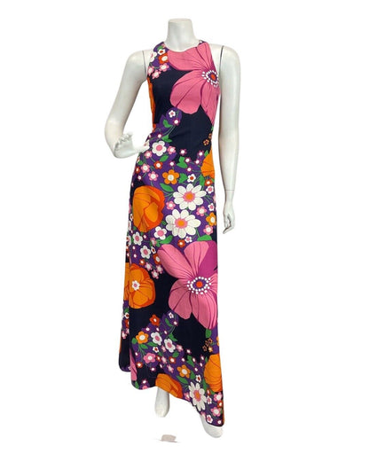 VINTAGE 60s 70s PINK BLUE ORANGE FLOWER DAISY MOD HALTER MAXI DRESS 8