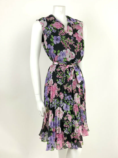 VINTAGE 60s 70s BLACK PINK PURPLE GREEN FLORAL PLEATED BELTED DRESS 12