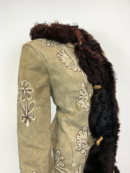 VTG 60s 70s BEIGE BROWN EMBROIDERED FLORAL HOODED TOGGLE BOHO FOLK COAT 14 16