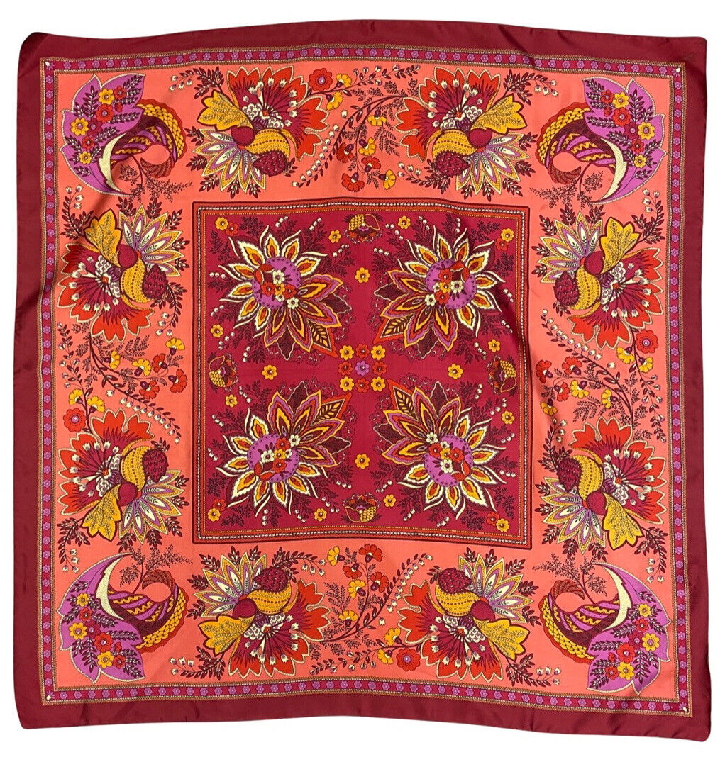 VINTAGE 60s 70s RED PEACH PURPLE PAISLEY FLORAL MOD BOHO SQUARE SCARF