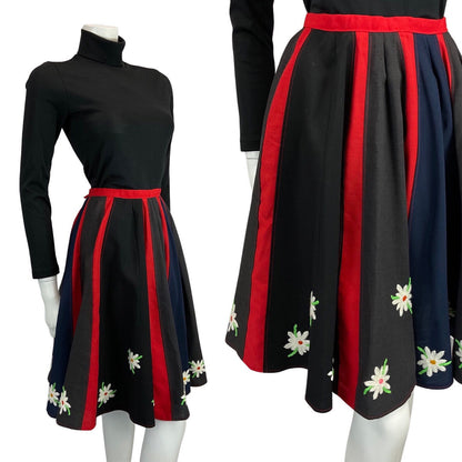 VTG 60s 70s BLACK NAVY RED DAISY EMBROIDERY FLOATY BOHO FOLK A-LINE SKIRT 8 10