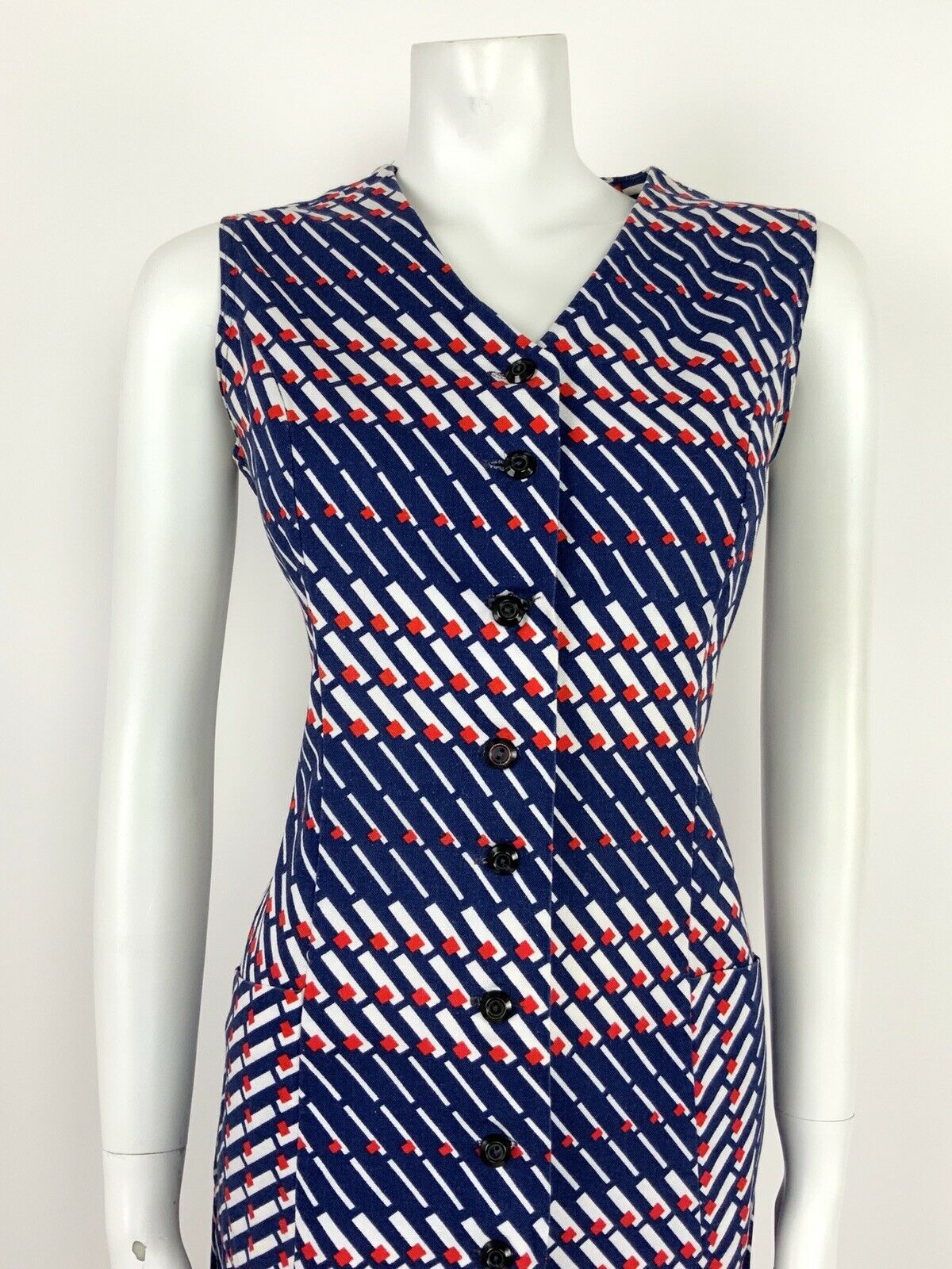 VINTAGE 60s 70s BLUE WHITE RED GEOMETRIC STRIPED MOD DRESS 12 14