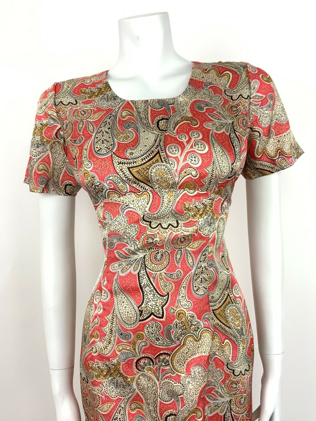 VTG 60s SUMMER DRESS PAISLEY FLORAL PINK SILVER CREAM GREY BROWN GOLD 12