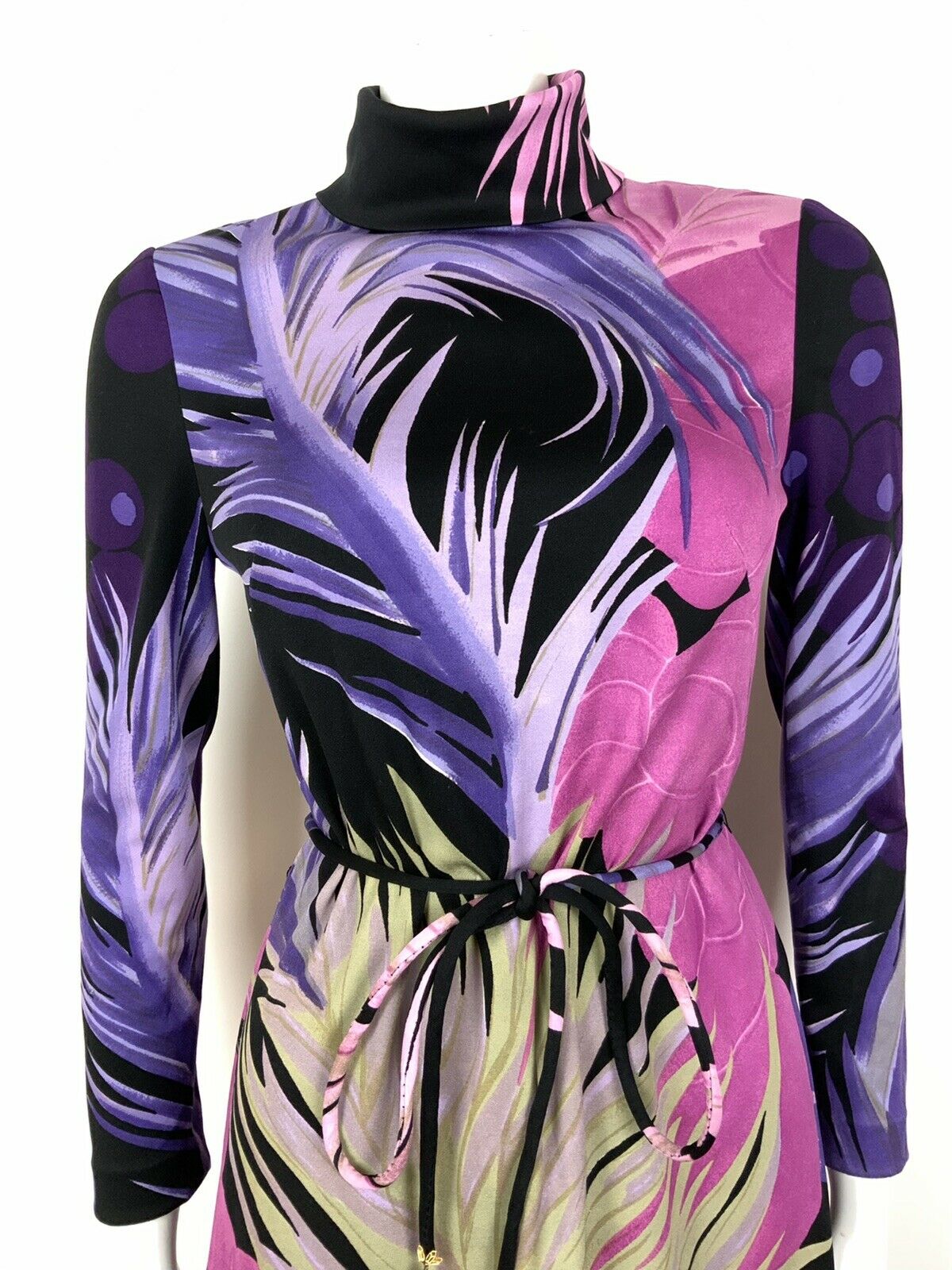 VTG 60s 70s PURPLE PINK BLACK GOLD FLORAL FEATHER TURTLENECK BELTED DRESS 10 12