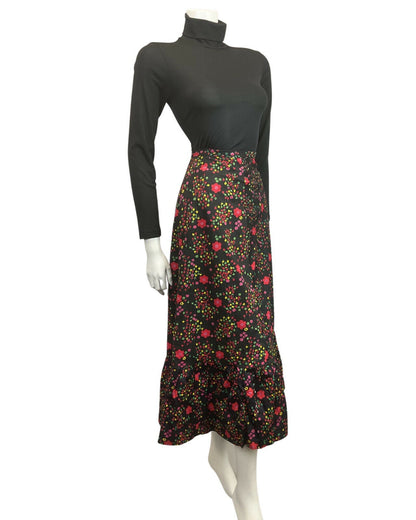 VINTAGE 60s 70s BLACK RED PINK GREEN FLORAL DAISY MOD BOHO MAXI SKIRT 8