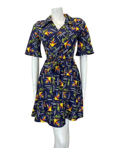 VINTAGE 60s 70s BLUE YELLOW GREEN GEOMETRIC FLOWER DAGGER COLLAR SHORT DRESS 10