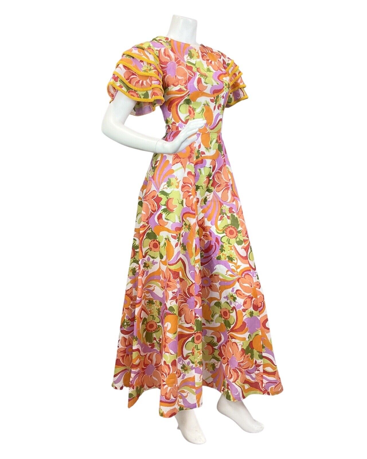 VINTAGE 60s 70s ORANGE GREEN LILAC PSYCHEDELIC FLORAL SUMMER MAXI DRESS 8 10