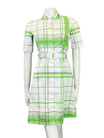 VINTAGE 60s 70s WHITE GREEN BLACK CHECKED GRID BELTED SHIRT DRESS 6 8