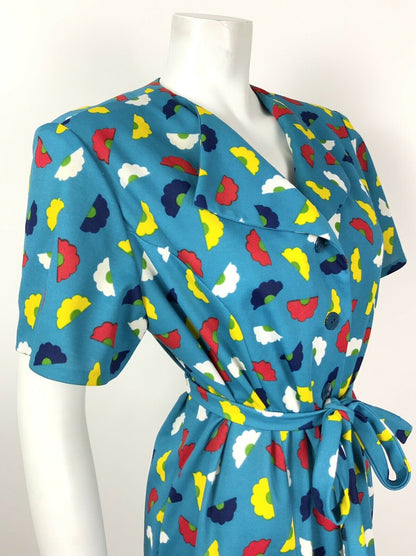 VINTAGE 70s 80s BLUE YELLOW RED WHITE FLORAL DAISY BELTED SHIFT DRESS 14 16