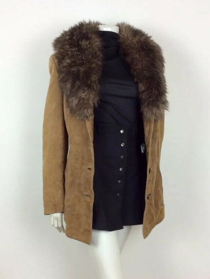 70s VTG BROWN TAN SUEDE LEATHER JACKET FUR TRIM COAT PENNY LANE SHEARLING 16 18