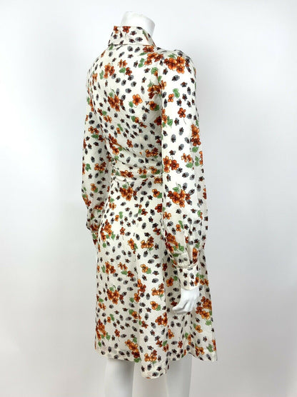 VINTAGE 60s 70s WHITE ORANGE GREEN FLORAL BEETLE DAGGER SHIRT DRESS 14 16