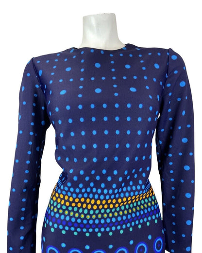 VINTAGE 60s 70s BLUE YELLOW DOTTY GEOMETRIC STRIPED LONGSLEEVE MIDI MOD DRESS 14