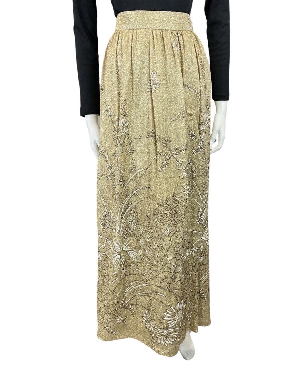 VINTAGE 60s 70s GOLD WHITE FLORAL LEAFY GLITTER LUREX DISCO PARTY MAXI SKIRT 10