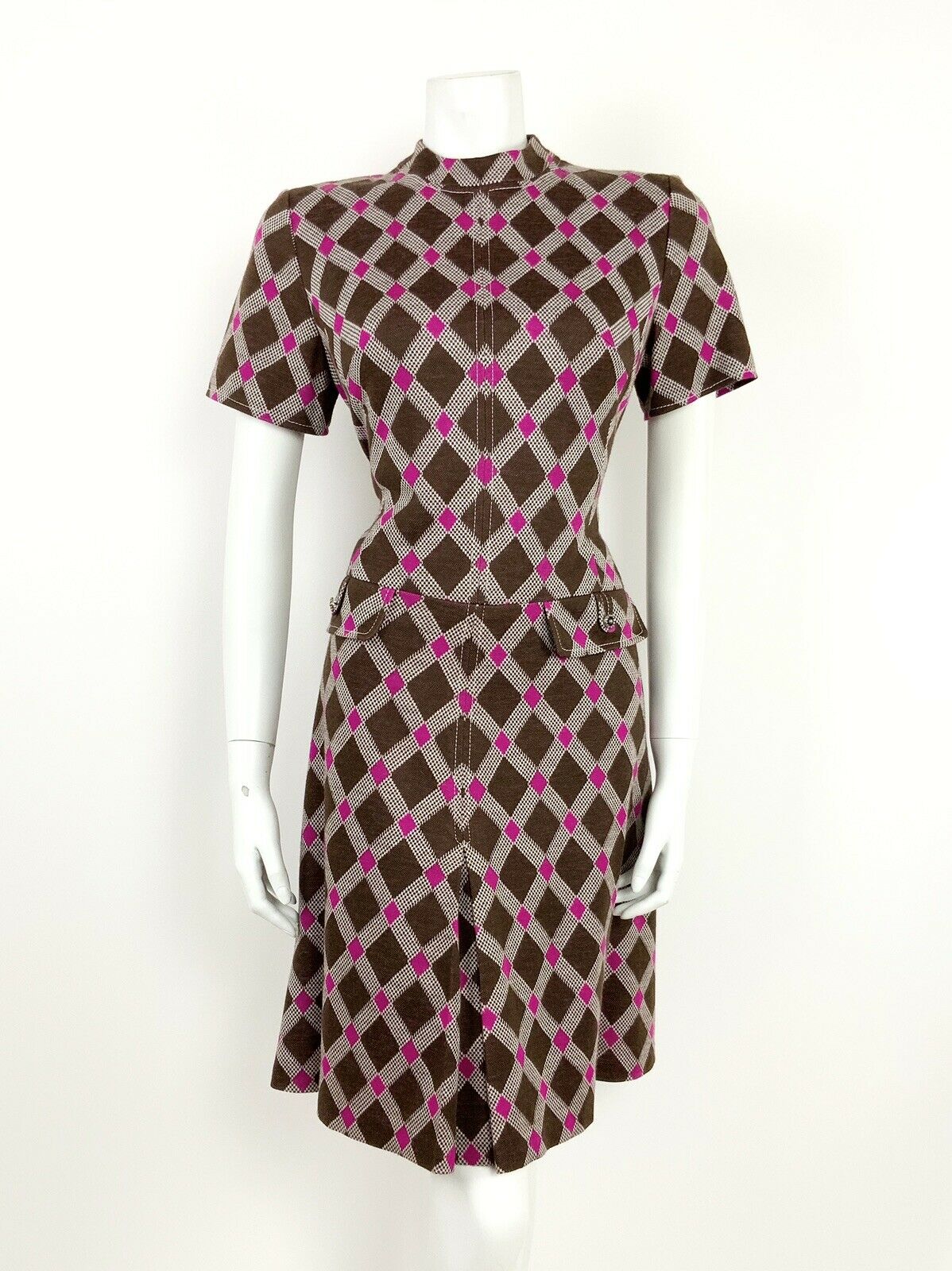 VTG 60s 70s MOD BROWN WHITE PINK DIAMOND CHECKERED GEOMETRIC DRESS 10 12