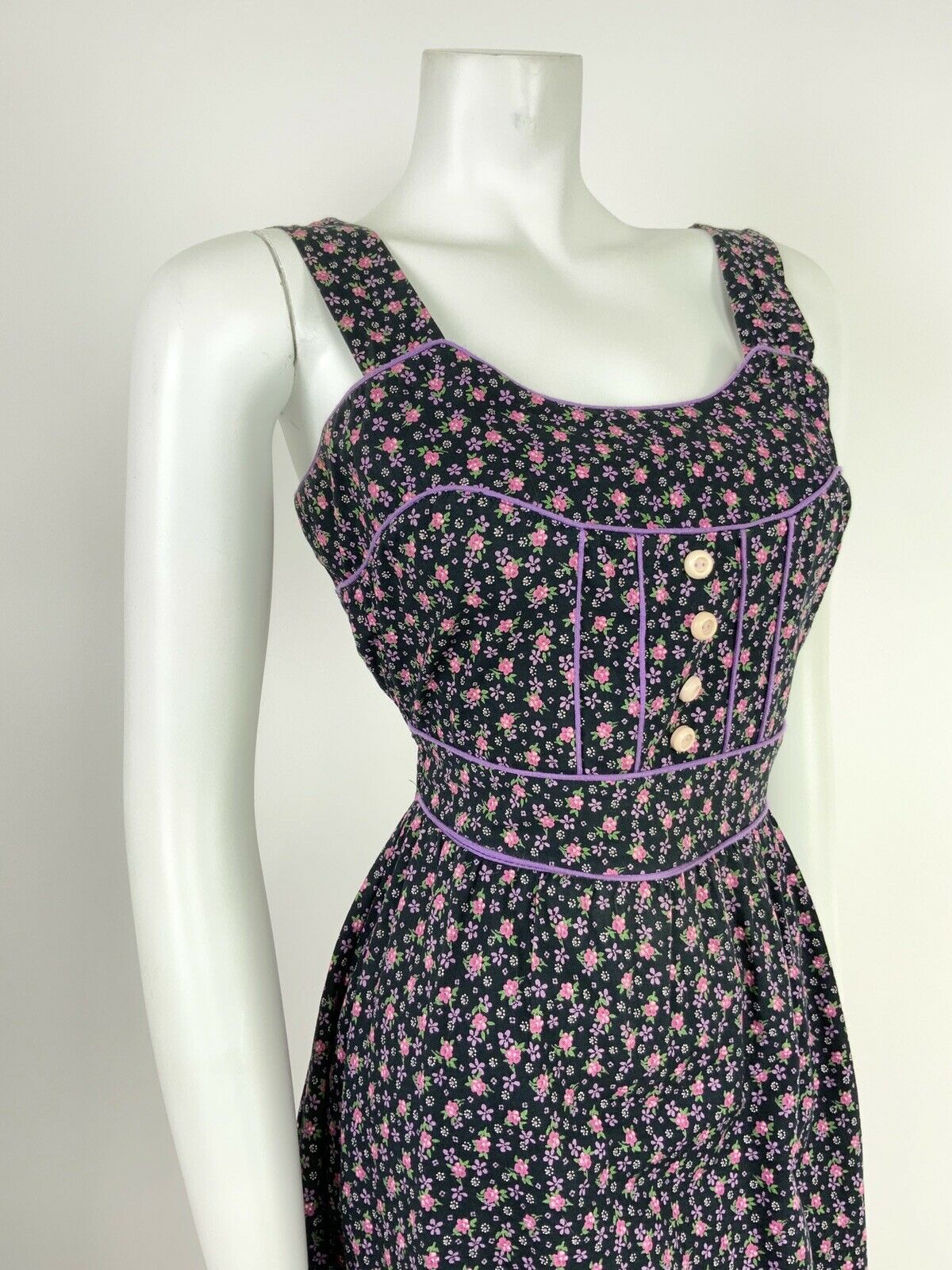 VTG 60s 70s BLACK PINK PURPLE WHITE GREEN FLORAL DITSY FOLK PRAIRIE DRESS 8 10